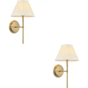 2 PACK Indoor Antique Brass Plate Wall Light - Ivory Silk Shade - Dimmable 6W LED E14