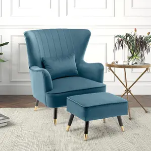 Velvet Teal Camila Accent Wingback Chair with Footstool