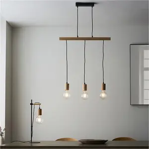 Hanging Ceiling Bar Pendant Light - Matt Black & Natural Wood - 3 X 10W LED E27