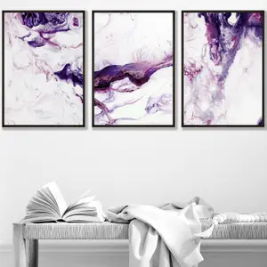 Set of 3 Purple Pink Abstract Ocean Waves Wall Art Prints / 30x42cm (A3) / Black Frame