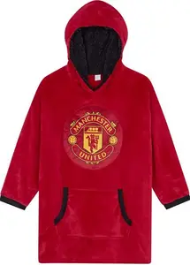 Manchester United Boys Hoodie, Oversized Hooded Man Utd Lounge Gown Fleece Blanket, One Size Fits All Ages 7 To 14 Years Red