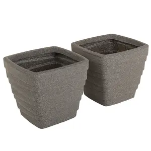 Charles Bentley Pair of Trojan Square Granite Planters (Dia. 33cm) Grey Plastic