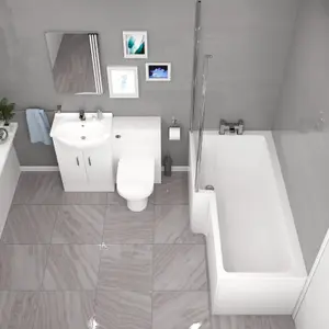 Nes Home L-Shaped LH Shower Bath White Basin Vanity Unit with WC & BTW Toilet