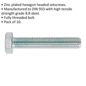 High-Quality Zinc-Plated M14 x 80mm Setscrew - 10 Pack of Grade 8.8 Fully Threaded Bolts