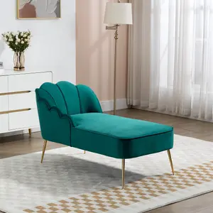 Lissone 130cm Wide Green Velvet Fabric Shell Back Chaise Lounge Sofa with Golden Coloured Legs