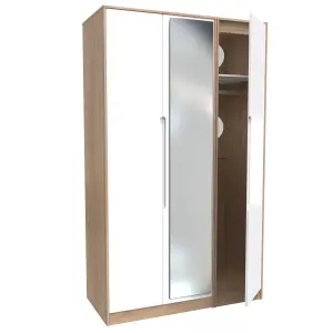 Turin Tall Triple Mirror Wardrobe in White Gloss & Bardolino Oak (Ready Assembled)