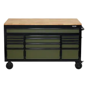 BUNKER Workbench Roller Tool Cabinet, 15 Drawer, 61", Green 10368