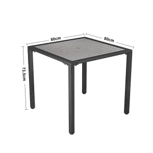 Modern Grey Square Wood Effect WPC Metal Outdoor Dining Table with Umbrella Hole 80cm