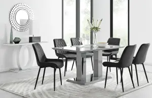 Imperia Grey High Gloss 6 Seater Dining Table with Structural 2 Plinth Column Legs 6 Black Velvet Black Leg Pesaro Chairs