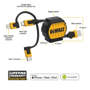 Dewalt Retractable 3ft Apple Android Charger Multi Cable USB Lightenin g Type C