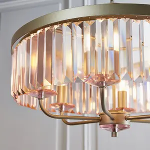 Luminosa Ascoli 6 Light Ceiling Pendant Champagne Paint & Rose Pink Cut Glass