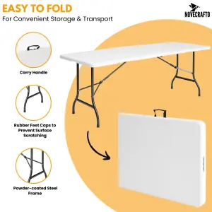 Folding Table White 180cm Surface - Sturdy Steel Frame Trestle Table, Powder Coated Foldable Table - Camping Table for 6 Person