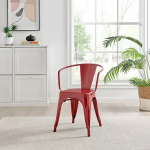 Furniturebox Set of 2 Red Colton Tolix Style Stackable Industrial Metal Dining Chair with Arms