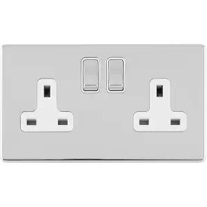 2 Gang Double DP 13A Switched UK Plug Socket SCREWLESS POLISHED CHROME Power