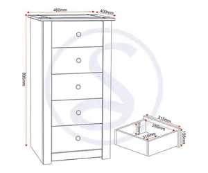 Panama 5 Drawer Narrow Chest in White and Natural Wax Finish