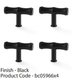 4 PACK - Bamboo T Bar Cupboard Door Knob - 55mm x 38mm - Matt Black Unit Pull Handle