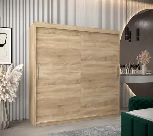 Tokyo Contemporary 2 Sliding Door Wardrobe 9 Shelves 2 Rails Oak Sonoma Effect (H)2000mm (W)2000mm (D)620mm