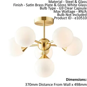 Semi Flush Ceiling Light Satin Brass Plate & Gloss White Glass 6 x 18W G9