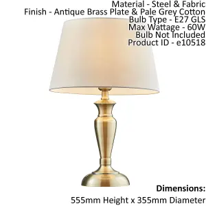 Table Lamp Antique Brass & Pale Grey Cotton 60W E27 Base & Shade e10518