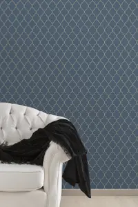 Grandeco Deco trellis Navy Metallic effect Geometric Embossed Wallpaper