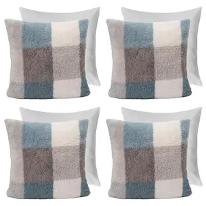 4 Pack Gingham Check Teddy Filled Fleece Soft Cushion Covers, Blue - 45 x 45cm