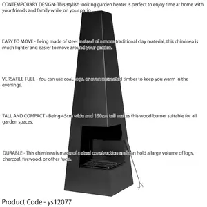 45x150cm Black Steel Chiminea Wood Burner - Stylish Outdoor Fire Pit Heater