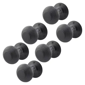 AFIT Beehive Reeded Black Door Knobs - 3 Pairs of Matt Black Mortice Knobs (55mm) for Internal Doors