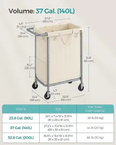 SONGMICS Mobile Laundry Trolley, 2-Section Hamper, Removable Inner Bag, Ample Storage, Cream White