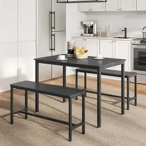 VASAGLE Dining Table with 2 Benches, 3 Piece Set, Kitchen Table, 2 Benches, Steel Frame, Ash Black and Ink Black