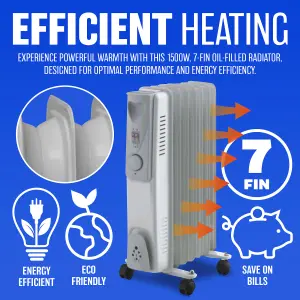 1500w 7 Fin Portable Oil Filled Radiator Heater Electrical Caravan Office Home White