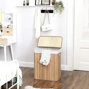 SONGMICS Laundry Basket with Lid, Laundry Basket with Removable Bag, with Clip and Handles, Foldable Laundry Basket, Wood Color