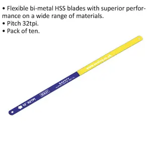 10 Pack of 300mm Bi-Metal Hacksaw Blades for Multi Material Cutting - 32 TPI