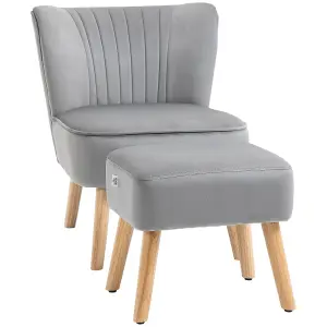 HOMCOM Velvet-Feel Accent Chair w/ Ottoman Tub Seat Padding Wood Legs Light Grey