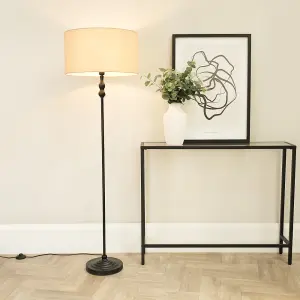 ValueLights Maggie Black Metal Candlestick Floor Lamp with Natural Fabric Lamp Shade and LED Bulb