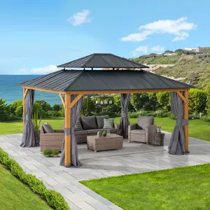 Sunjoy FSC Cedar Wood Gazebo Trivor 450cm x 390cm W/ Netting & Curtain, Anthracite