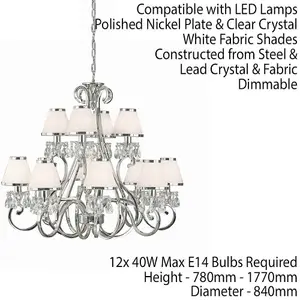 Esher Ceiling Pendant Chandelier Nickel Crystal & White Shades 12 Lamp Light