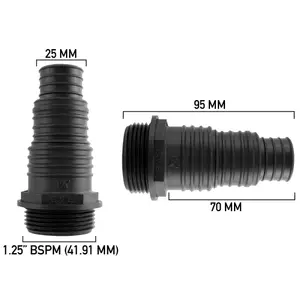 male multi-step hosetail for pond pumps/filters fits 25-32-38mm pipe,1.25" bsp male thread measures 41.9mm across