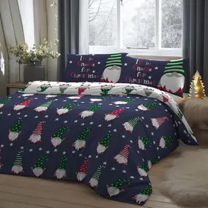 Gnome For Christmas Cotton Duvet Cover Set with Pillowcases Navy / Double - 2 Standard Pillowcases