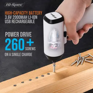 Hi-Spec 34pc 3.6V White Compact Electric Power Screwdriver & Bit Set. USB Rechargeable Battery for Cordless Screwdriving