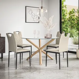 Malvern Round Dining Table And Chairs -  Clear Glass Table Top w Solid Oak Legs + Monza Fabric Dining Chair Set Of 4 (Beige)