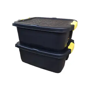 2 x 24L Heavy Duty Storage Boxes, Sturdy, Lockable, Stackable and Nestable Design Storage Chests with Clips in Black