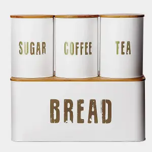 White Bread Bin & 4pcs Kitchen Storage Set Sealed Tea, Coffee & Sugar Tins