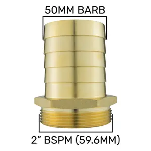 Solid brass pipe hosetails to male bsp thread for pumps,filters water features and fountains (2" bspm - 2" barb)