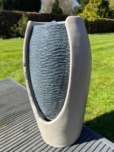 Open Vase White/Grey Water Feature with LED Lights - Solar Powered 27x25x50cm