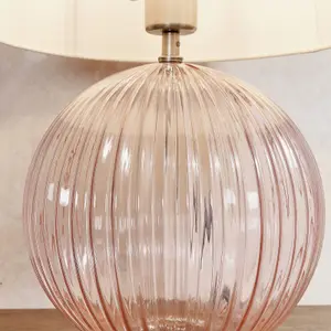 Table Lamp Dusky Pink Ribbed Glass & Natural Linen 40W E27 Bedside Light