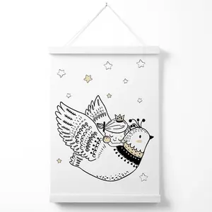 Scandi Princess Little Girl and Flying Bird Poster with Hanger / 33cm / White