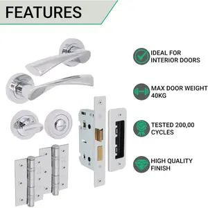 EAI - Swept Lever on Rose Handles Bathroom Kit / Pack - 66mm Bathroom Lock - 76mm Hinge - Polished Chrome