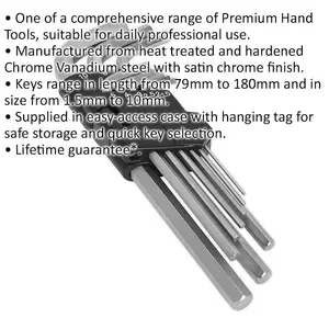 Complete 9 Piece Long Hex Key Set - Durable Hardened Steel for All Sizes