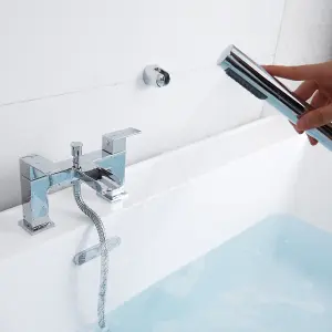 Bath tap with Shower Waterfall Bath Shower Filler Mixer Tub Tap Double Lever Chrome Solid Brass with Handheld Shower Head Faucet