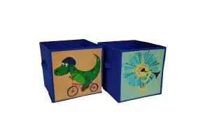 Kids Blue Toy Storage Cube Boxes 2 Fabric Storage Unit Boxes 26cm Dinosaur and Lion